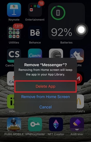 choose delete app option