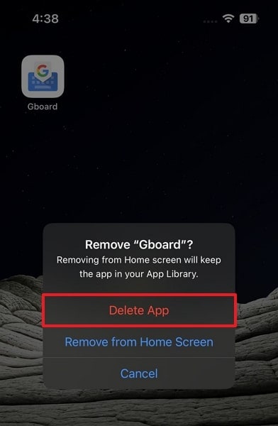 choose delete app option