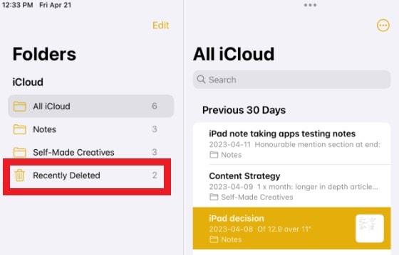 recently deleted folder notes