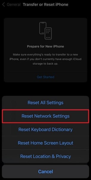 tap on reset network settings