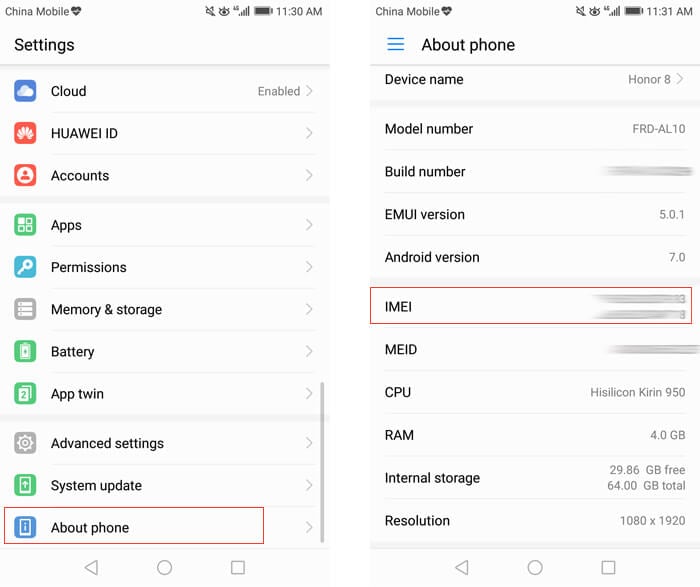 check android imei through settings