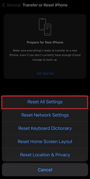 choose reset all settings option