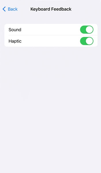 Enabling haptic keyboard feedback settings.