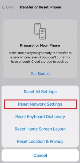 reset network settings iphone