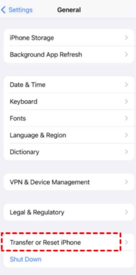 transfer or reset iphone in settings
