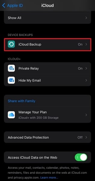 tap on icloud backup