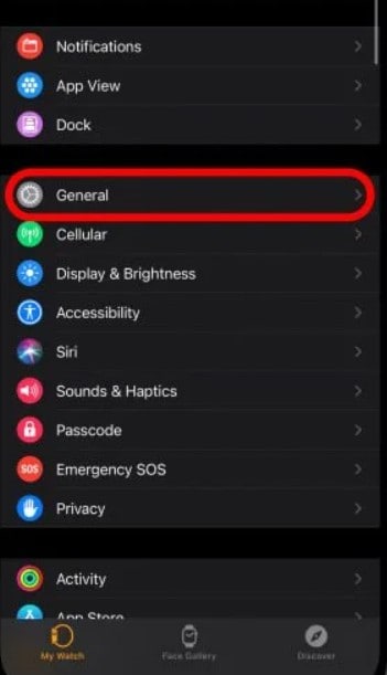 apple watch app select general