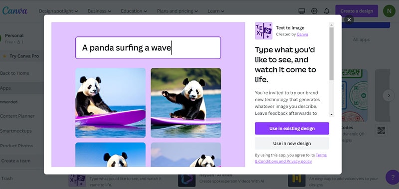 Canva text-to-image AI feature