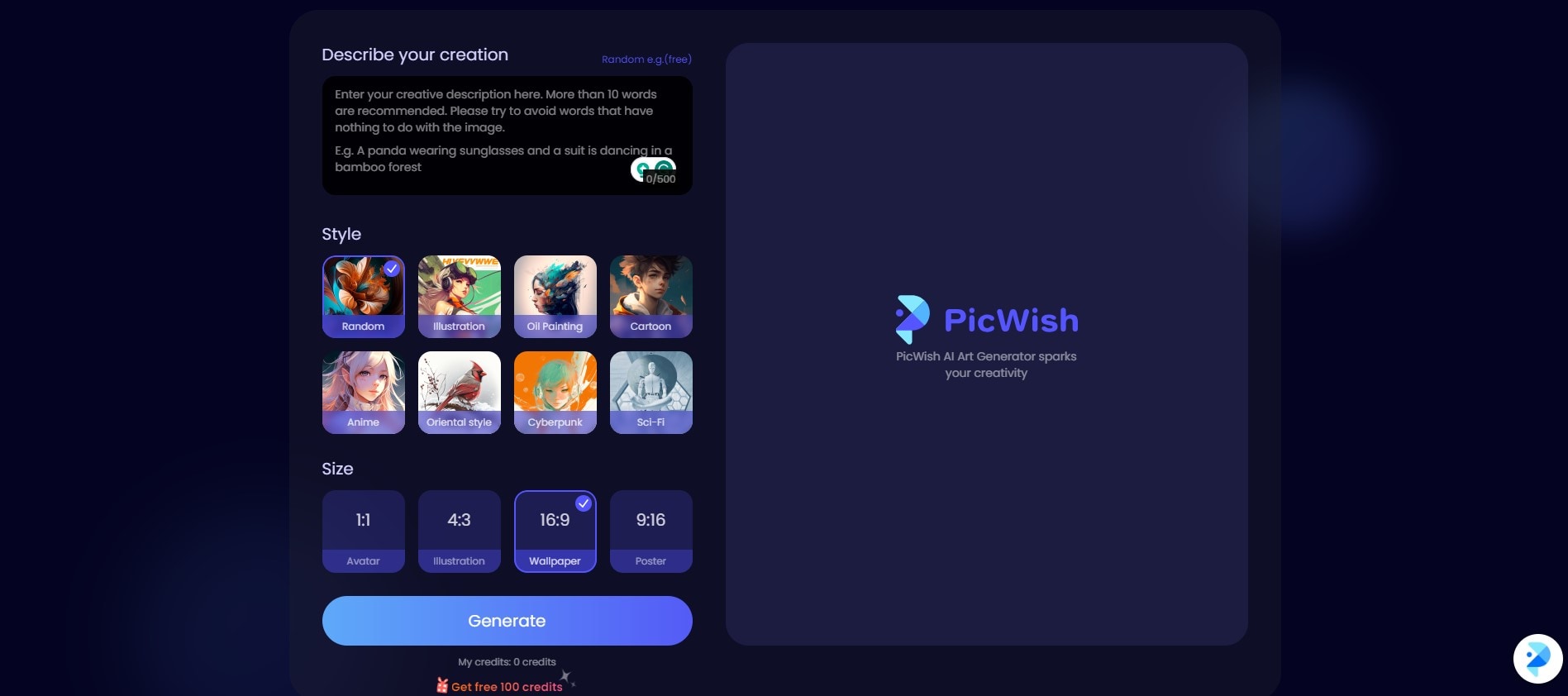 picwish ai art generator interface