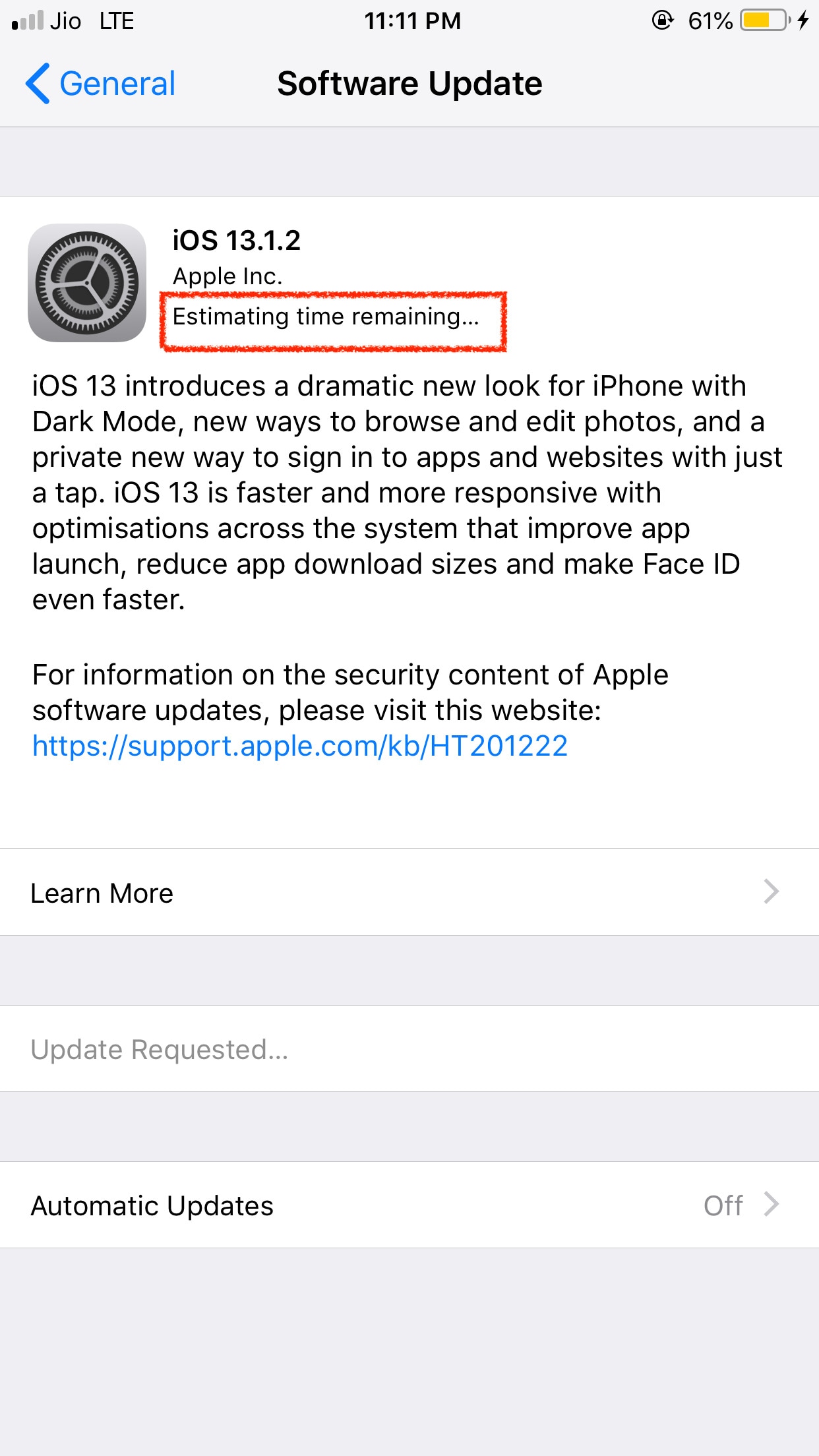 ios update estimating time remaining