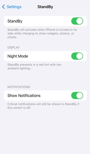 Enable StandBy mode on the settings