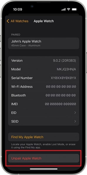 choose unpair apple watch option
