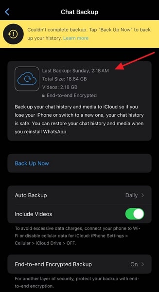 check the whatsapp backup time