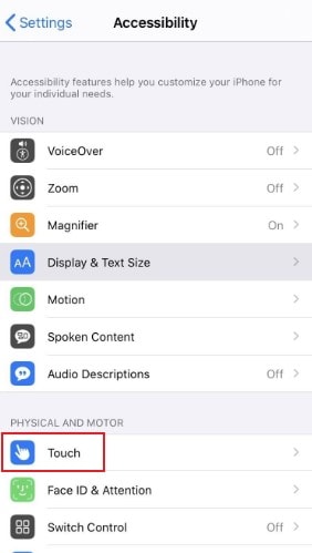touch settings iphone