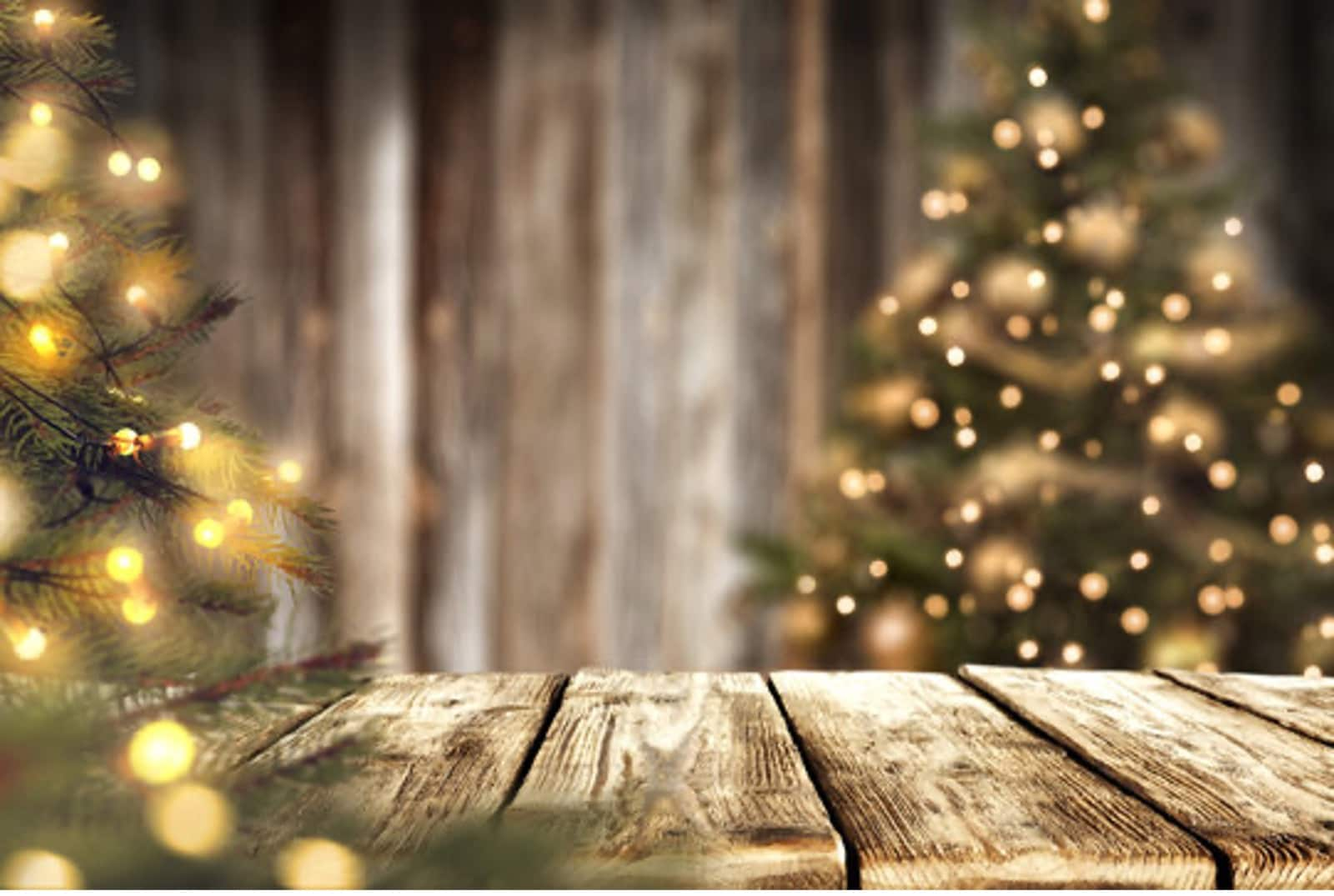 wooden table with christmas backdrop