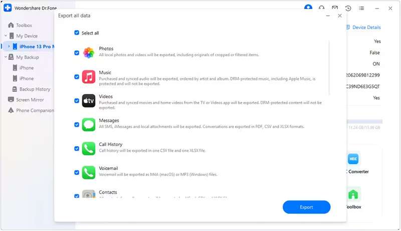 Choose file types for export.