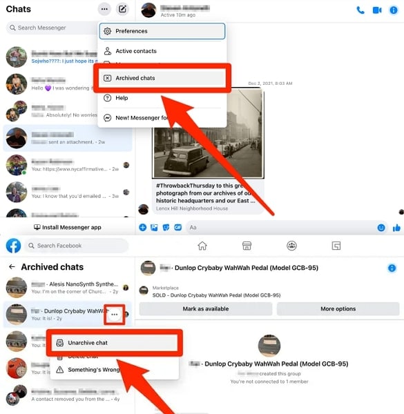 unarchive messenger messages