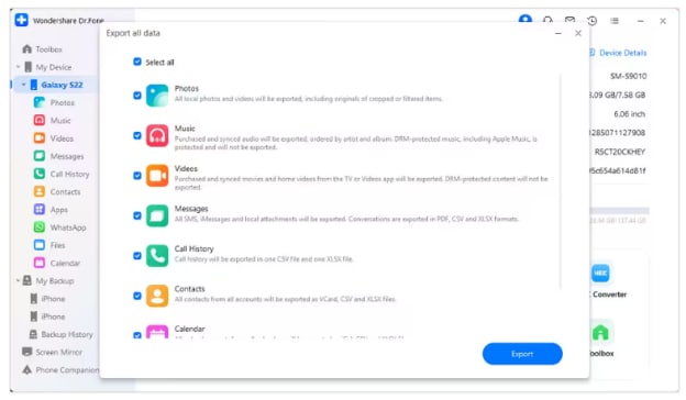 Select the data type you want to export