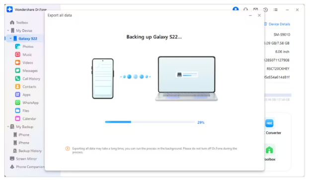 Dr.Fone is exporting your files from Android to PC