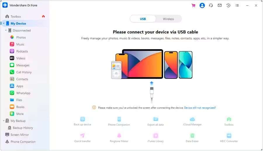 wondershare dr.fone connection home screen