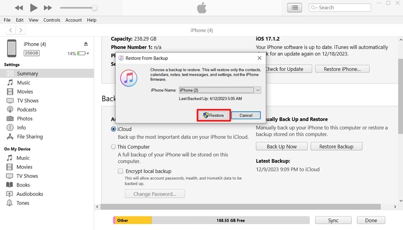 confirm device restoration itunes