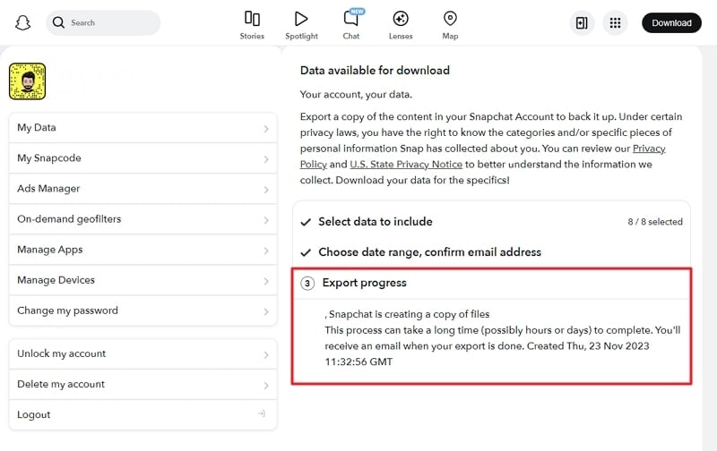 snapchat data is exporting
