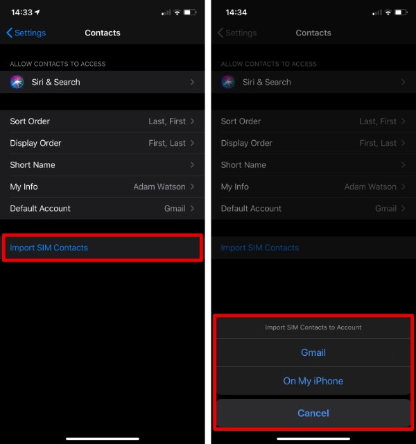 tap import sim contacts option