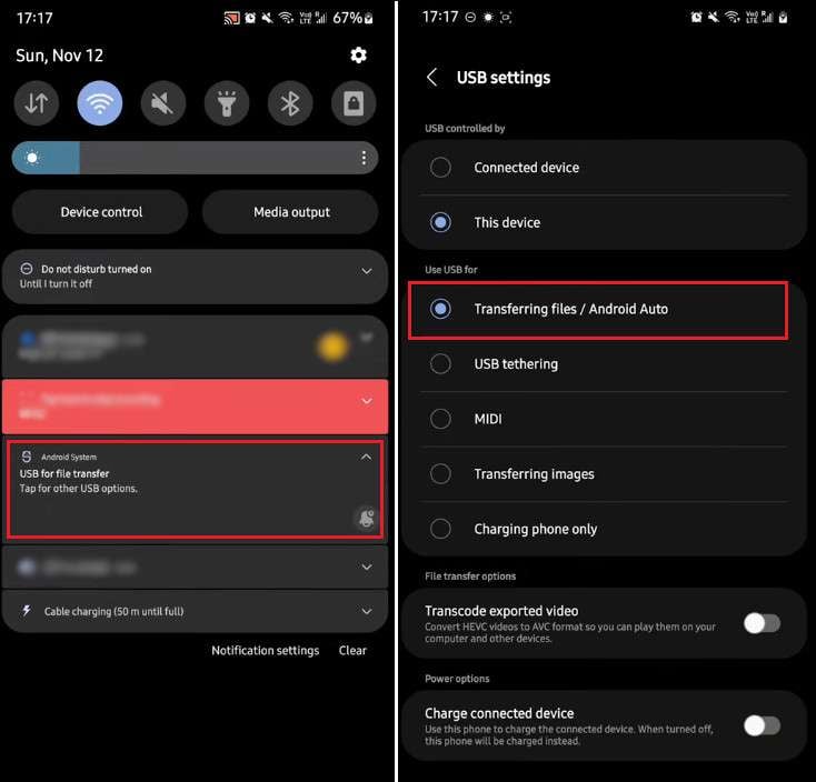 Select file transfer to use the USB cable for transferring files