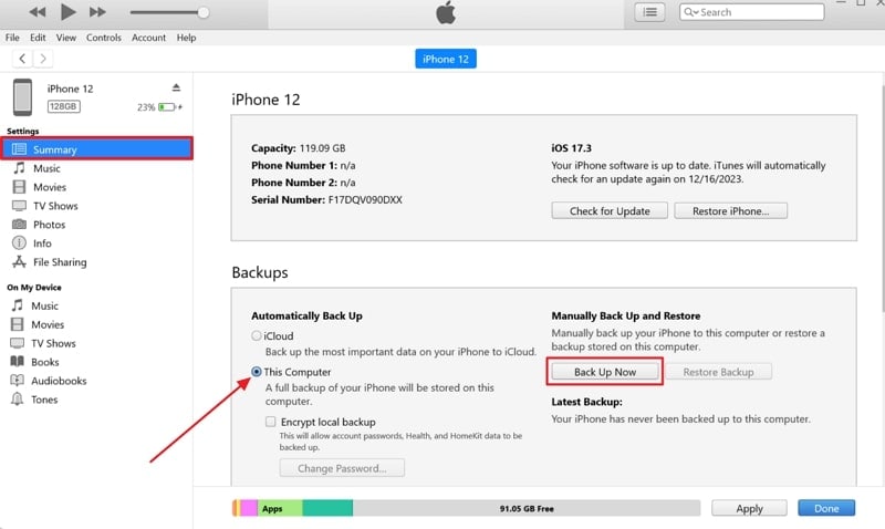 create backup in itunes