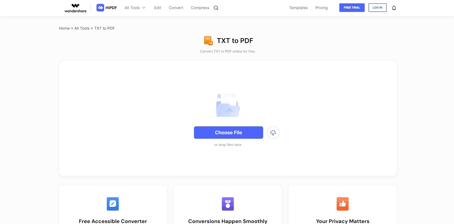 hipdf upload txt file interface