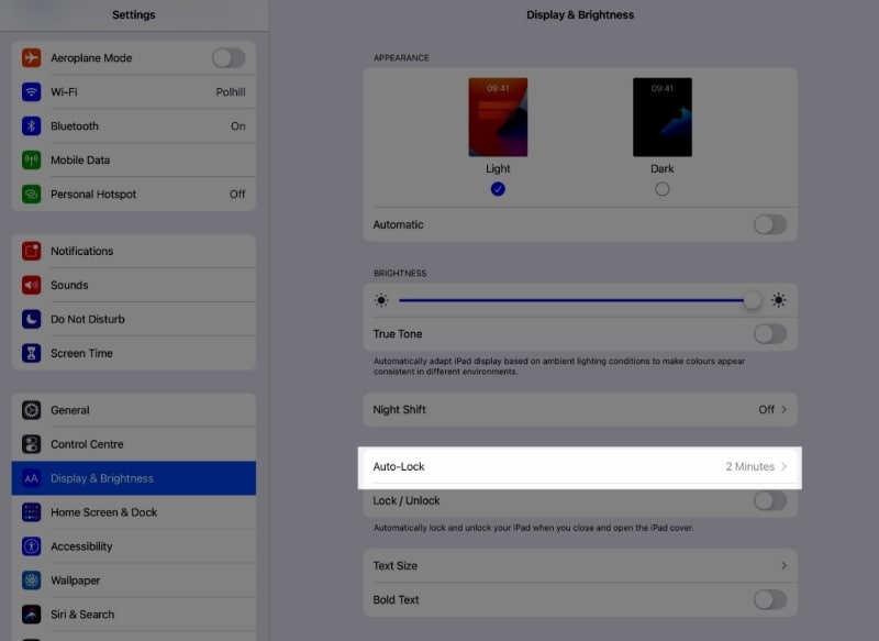 display and brightness settings on ipad