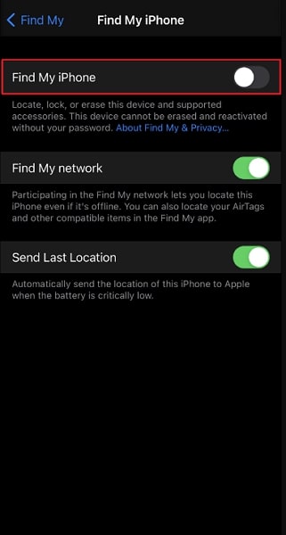 disable find my on iphone