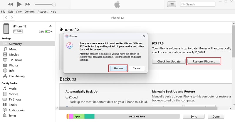 restore iphone via itunes