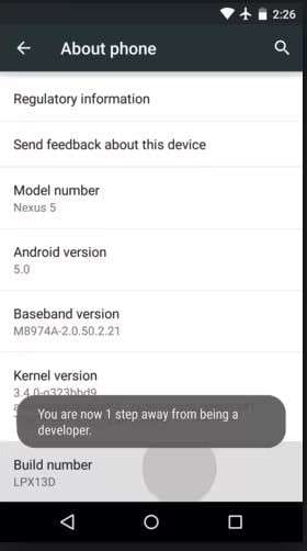 enable developer options on your Android