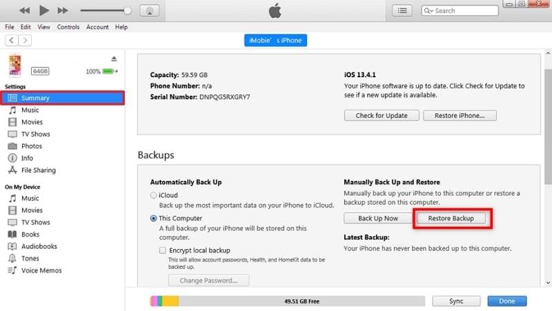 restore backup via itunes