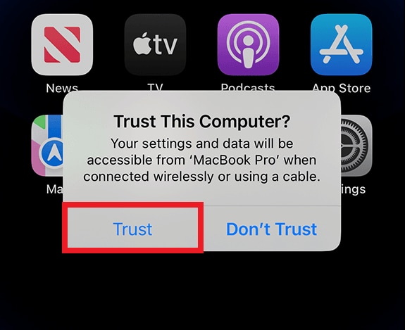 Click Trust and allow to transfer movies from computer to iPad.