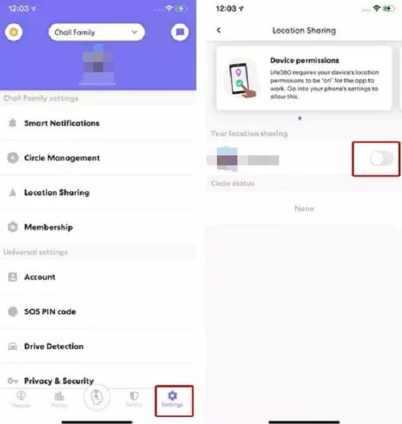 life360 turning off location sharing