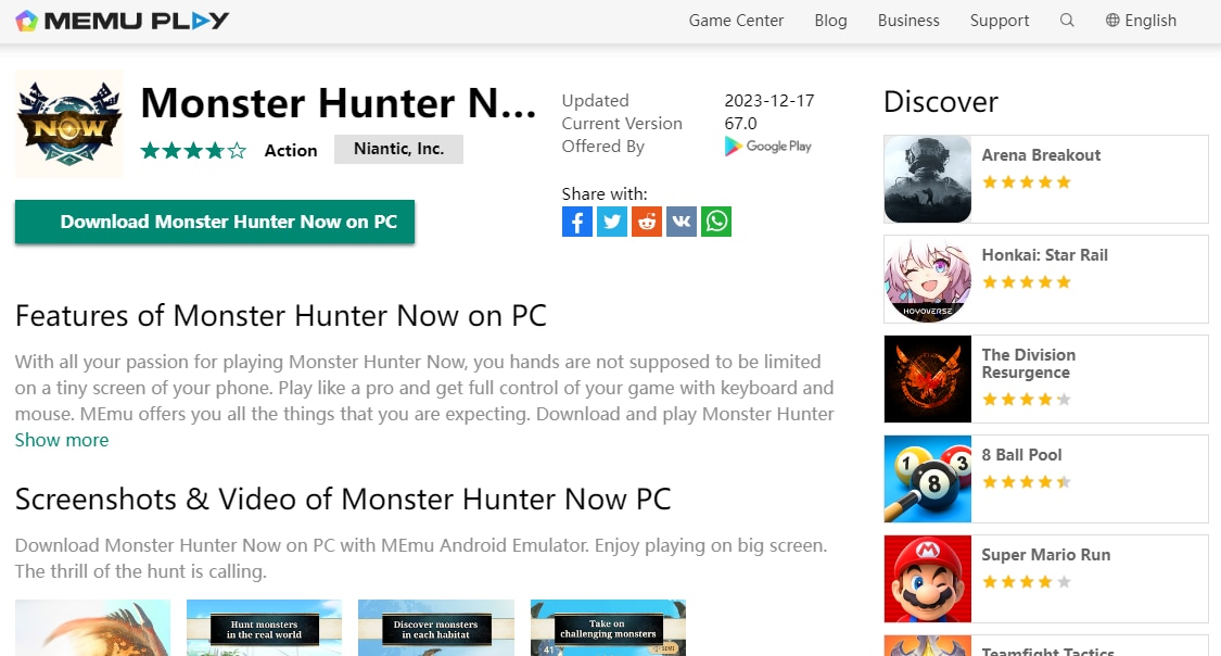 monster hunter now on memu