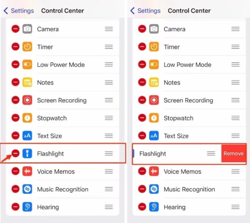 remove flashlight from iphone control center