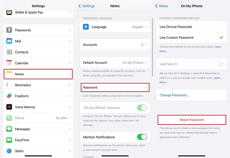 reset notes password via settings