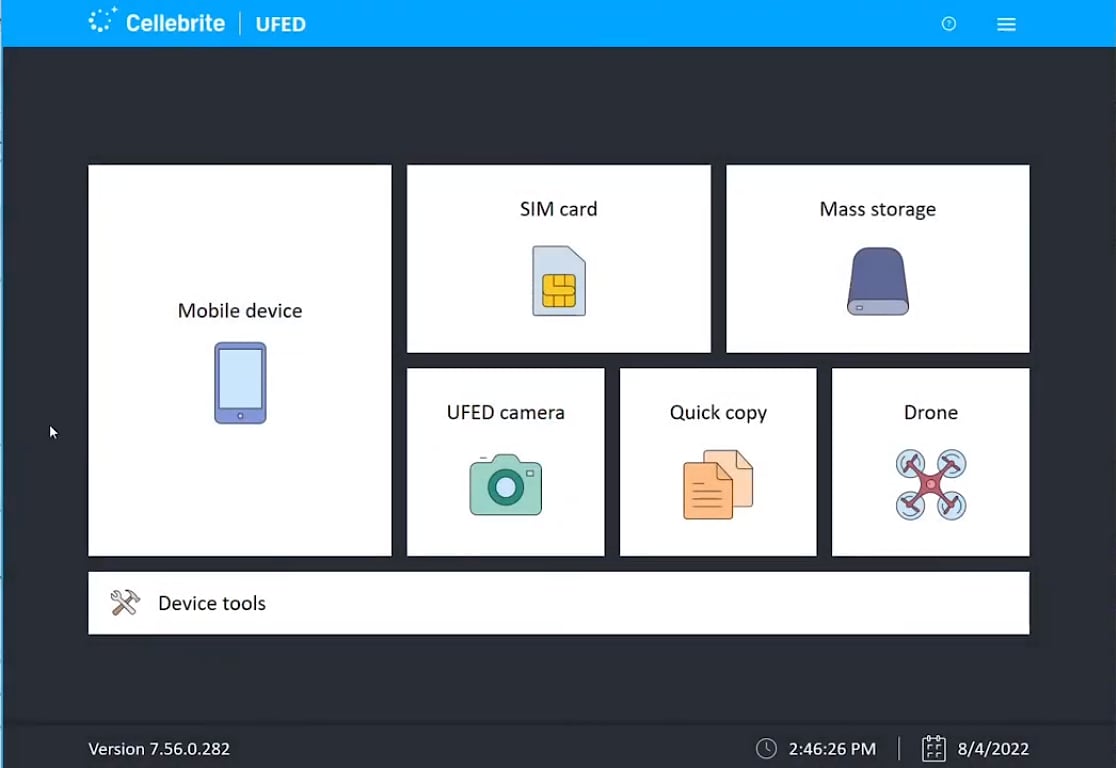 Cellebrite UFED mobile forensics tool user interface.