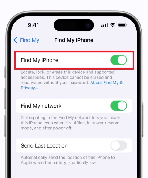 turn on find my iphone