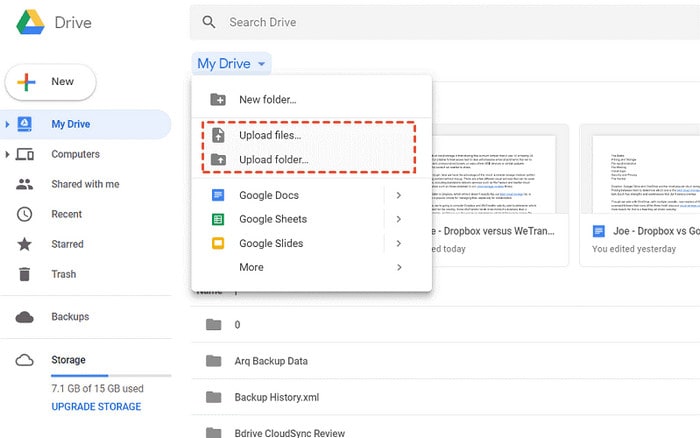 image process of adding new file to google drive