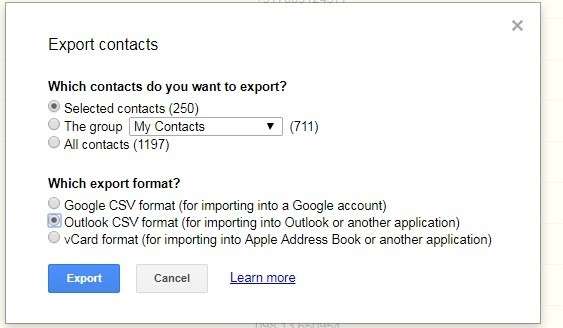 using google to export contacts