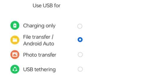 Select File Transfer or MTP