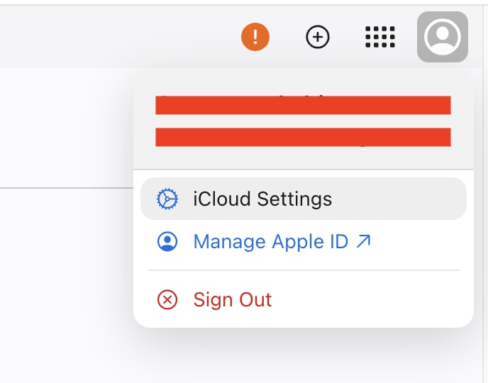 iCloud Settings Menu