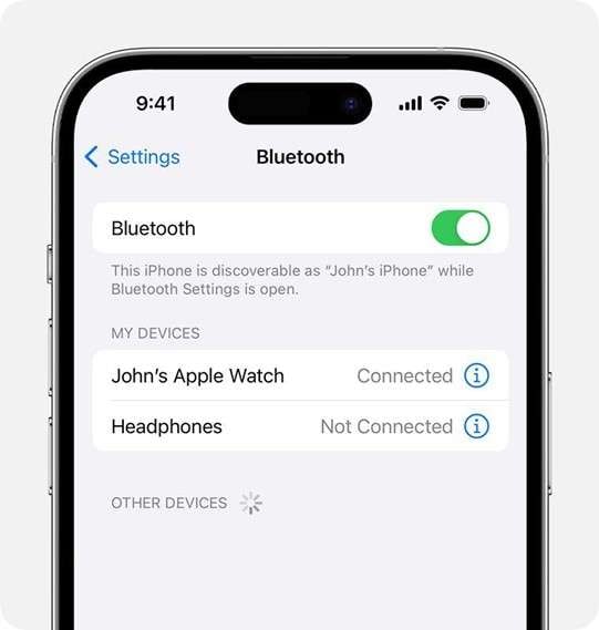 iPhone interface showing the Bluetooth toggled on