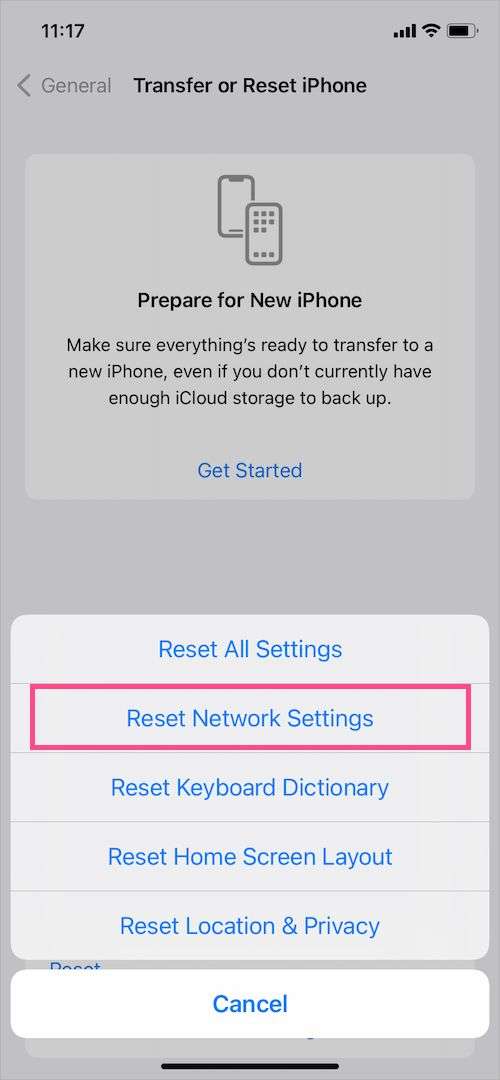 reset network settings iphone 