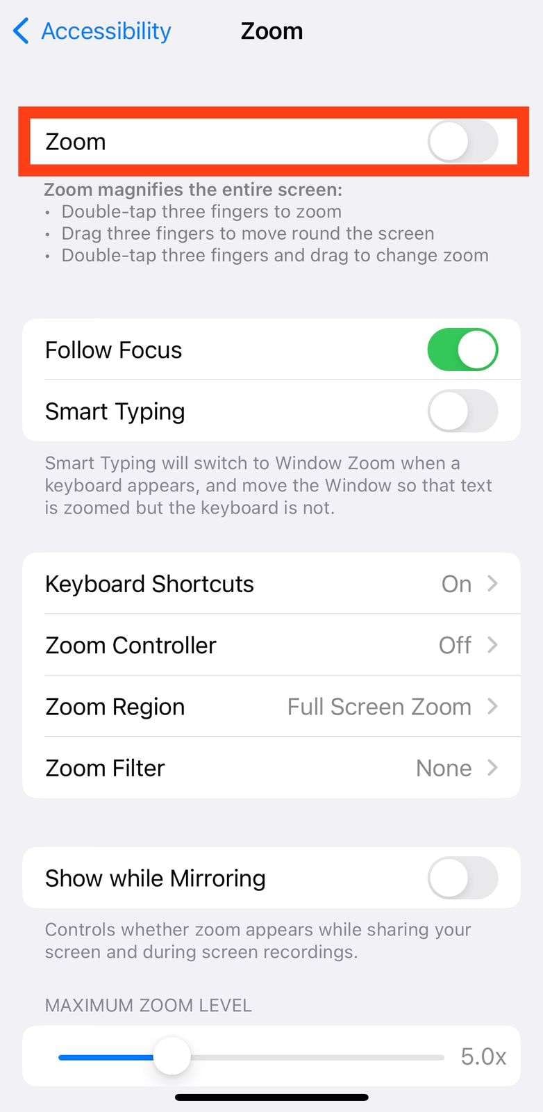 Turn off Zoom setting