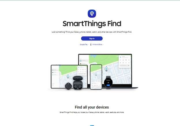 website interface of smartthings find. 